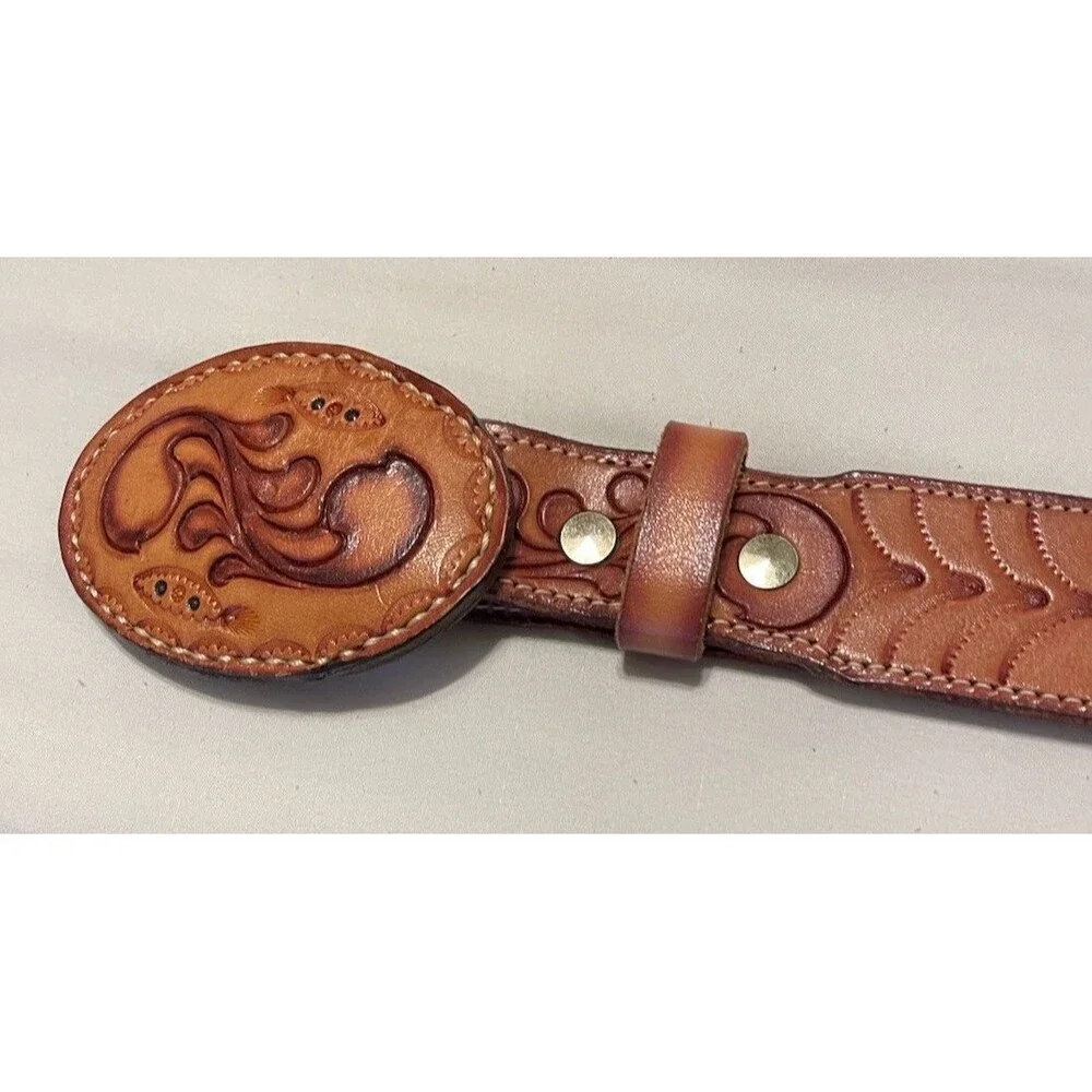 Hand Tooled Tan Leather Men’s Sz 38 Unworn Floral Belt and Matching Buckle